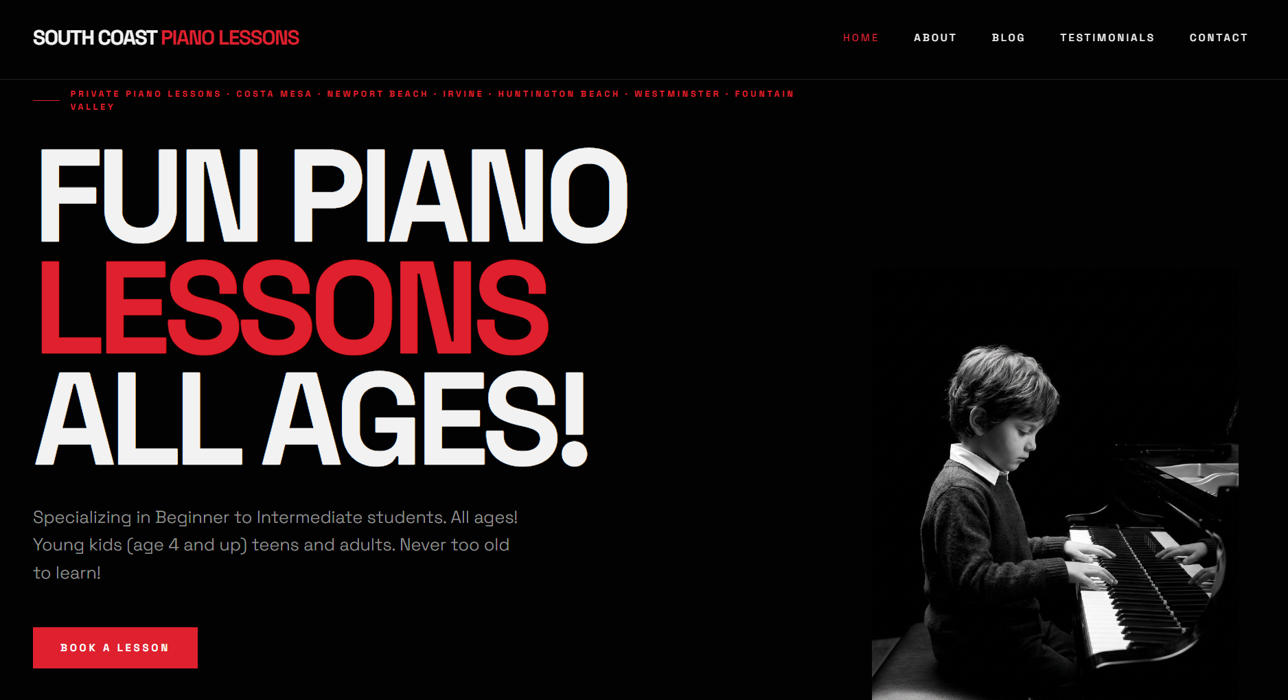 South Coast Piano Lessons homepage before SEO optimization, with a generic 'Fun Piano Lessons All Ages!' slogan headline