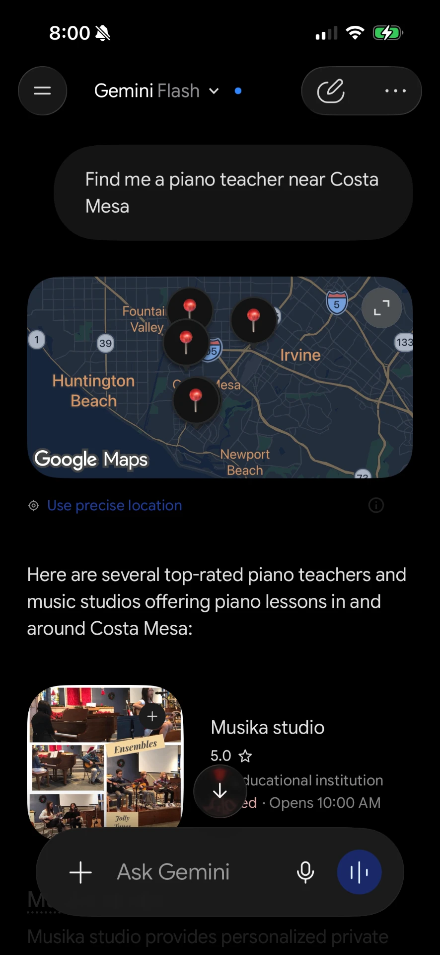 Google Gemini answering 'find me a piano teacher near Costa Mesa' with a list of local studios