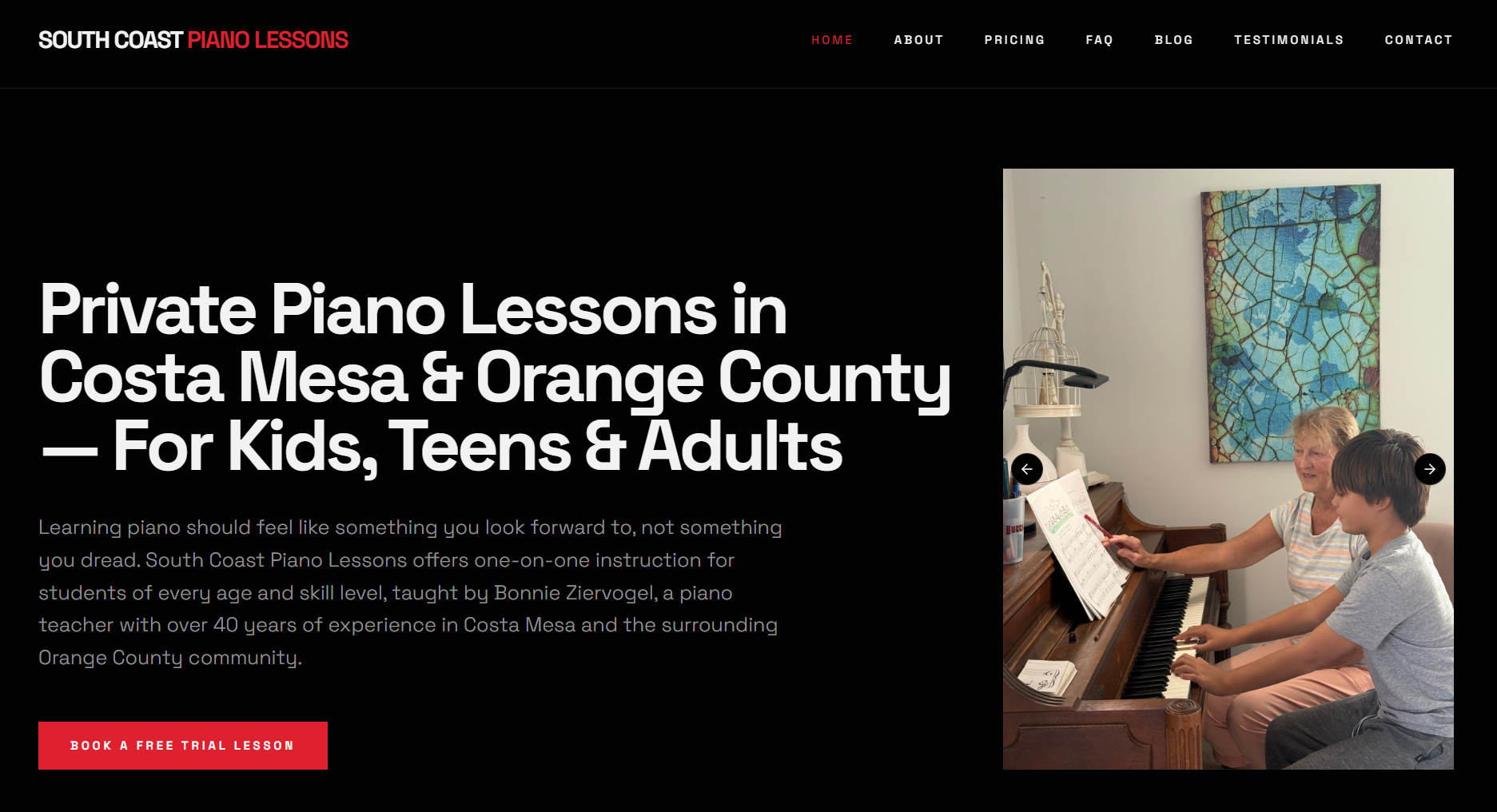 South Coast Piano Lessons homepage after SEO optimization, with a keyword and location targeted H1 for private piano lessons in Costa Mesa and Orange County