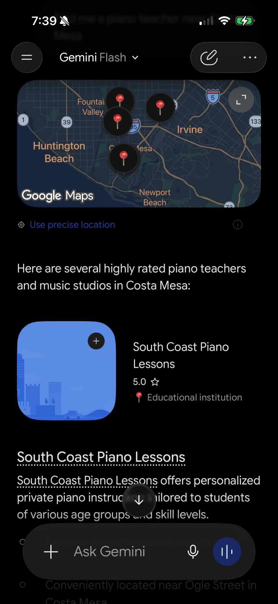 Google Gemini listing South Coast Piano Lessons first out of five recommended Costa Mesa piano teachers