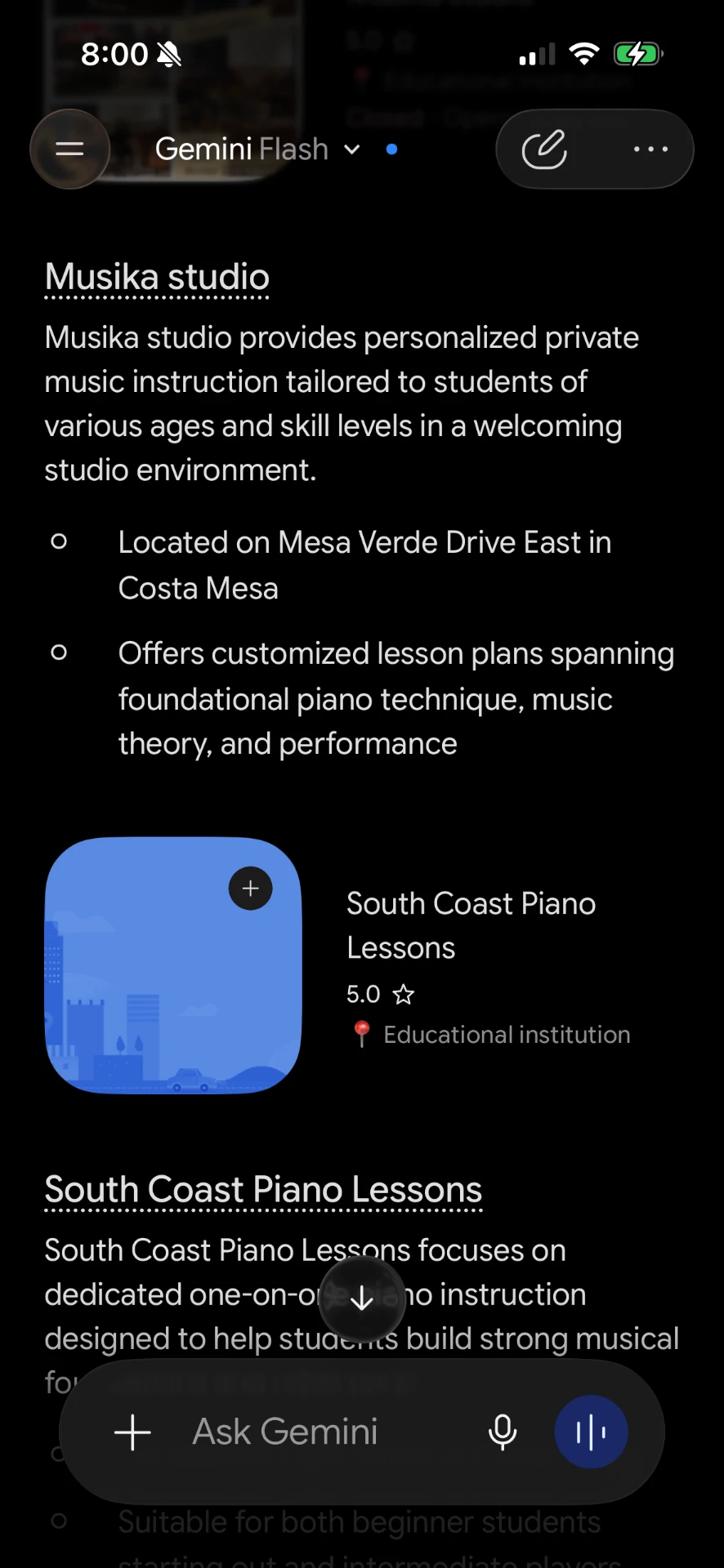 Google Gemini listing South Coast Piano Lessons in the second position out of five recommended Costa Mesa piano teachers