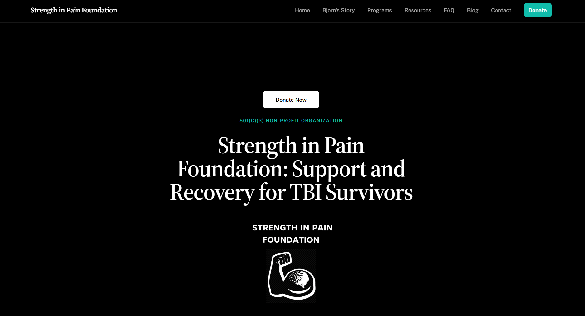 Strength in Pain Foundation homepage with the optimized H1 heading: Support and Recovery for TBI Survivors