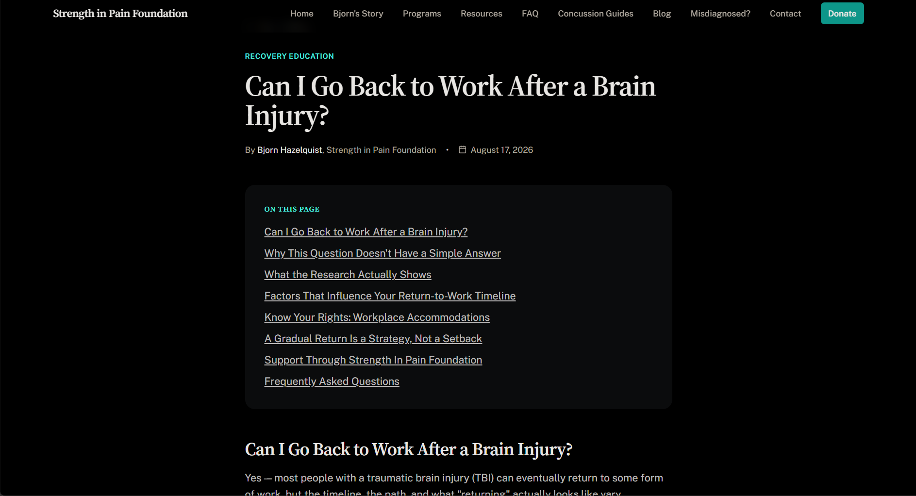 Strength in Pain Foundation blog post titled Can I Go Back to Work After a Brain Injury with an on-page table of contents listing question-shaped headings