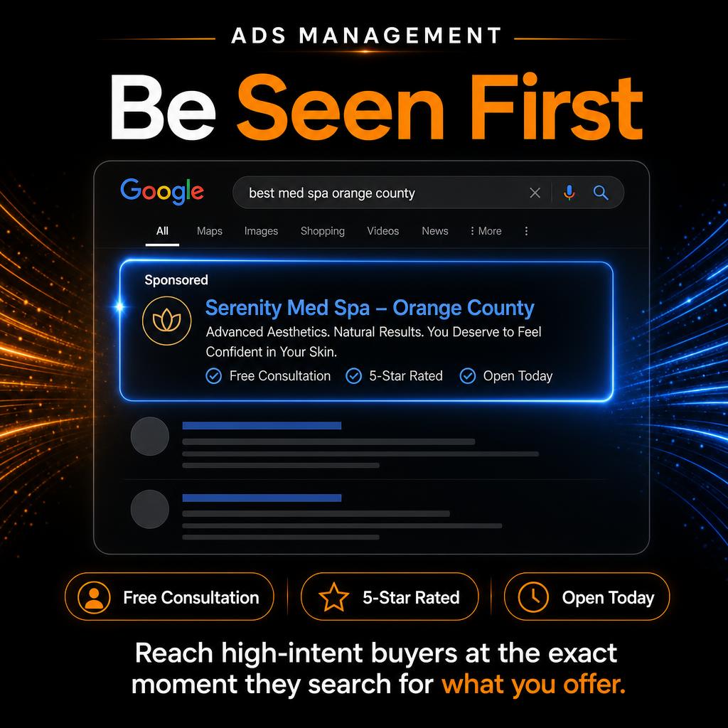 Ads Management placing a sponsored med spa result above organic search listings