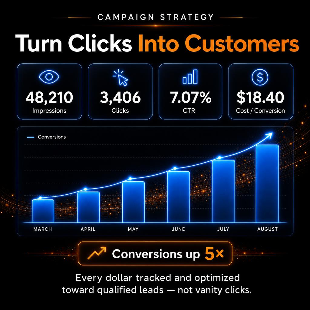 Paid search campaign dashboard showing rising conversions and lower cost per conversion