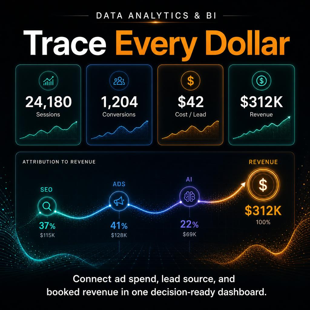 Data Analytics and BI dashboard tracing sessions, conversions, lead cost, and attributed revenue