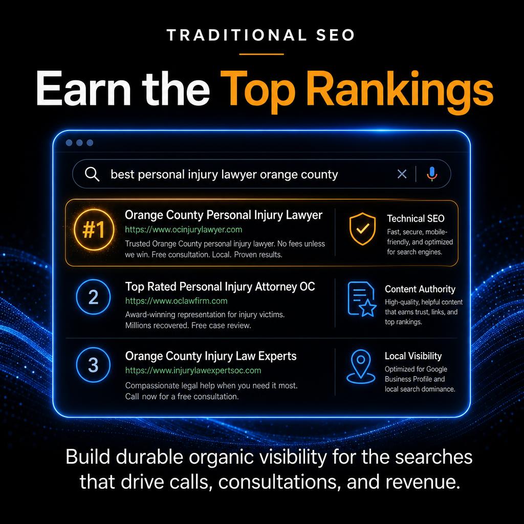 Traditional SEO strategy for earning top organic rankings through technical SEO, content authority, and local visibility