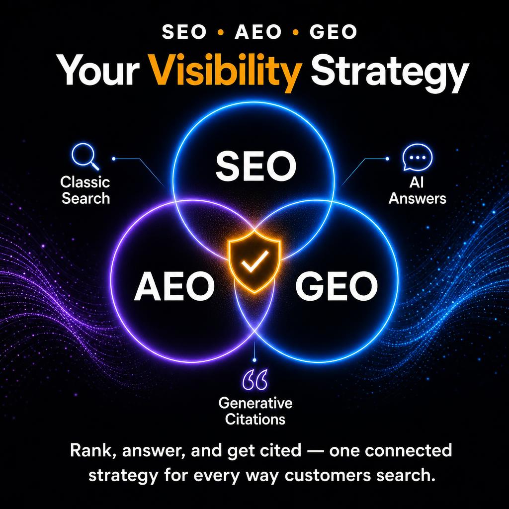 SEO, AEO, and GEO visibility strategy combining classic search, AI answers, and generative citations