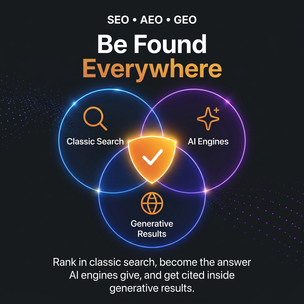 SEO, AEO and GEO: rank in classic search, become the answer AI engines give, and get cited in generative results